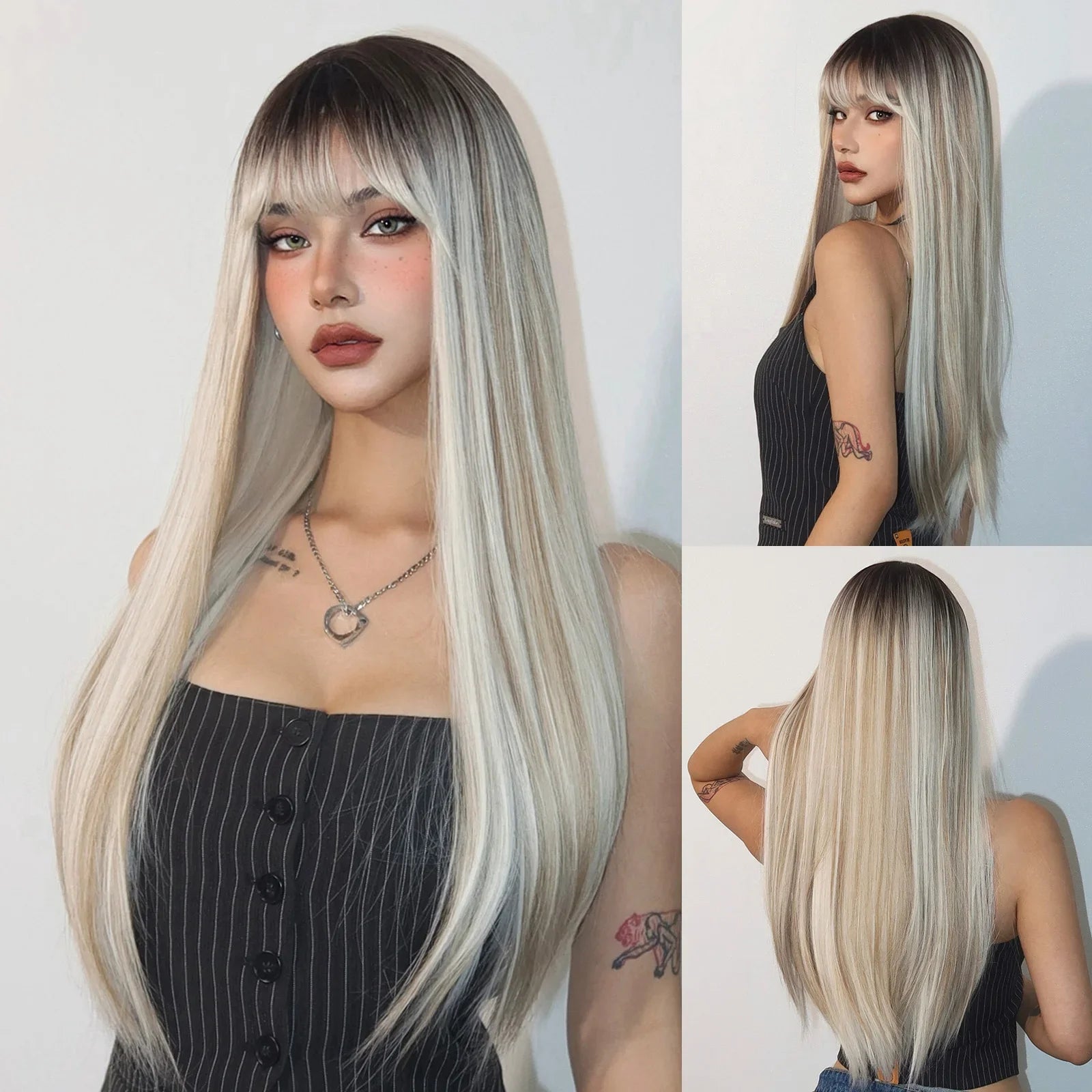 Light Blonde Golden Hair Long Silky Straight Synthetic Wig