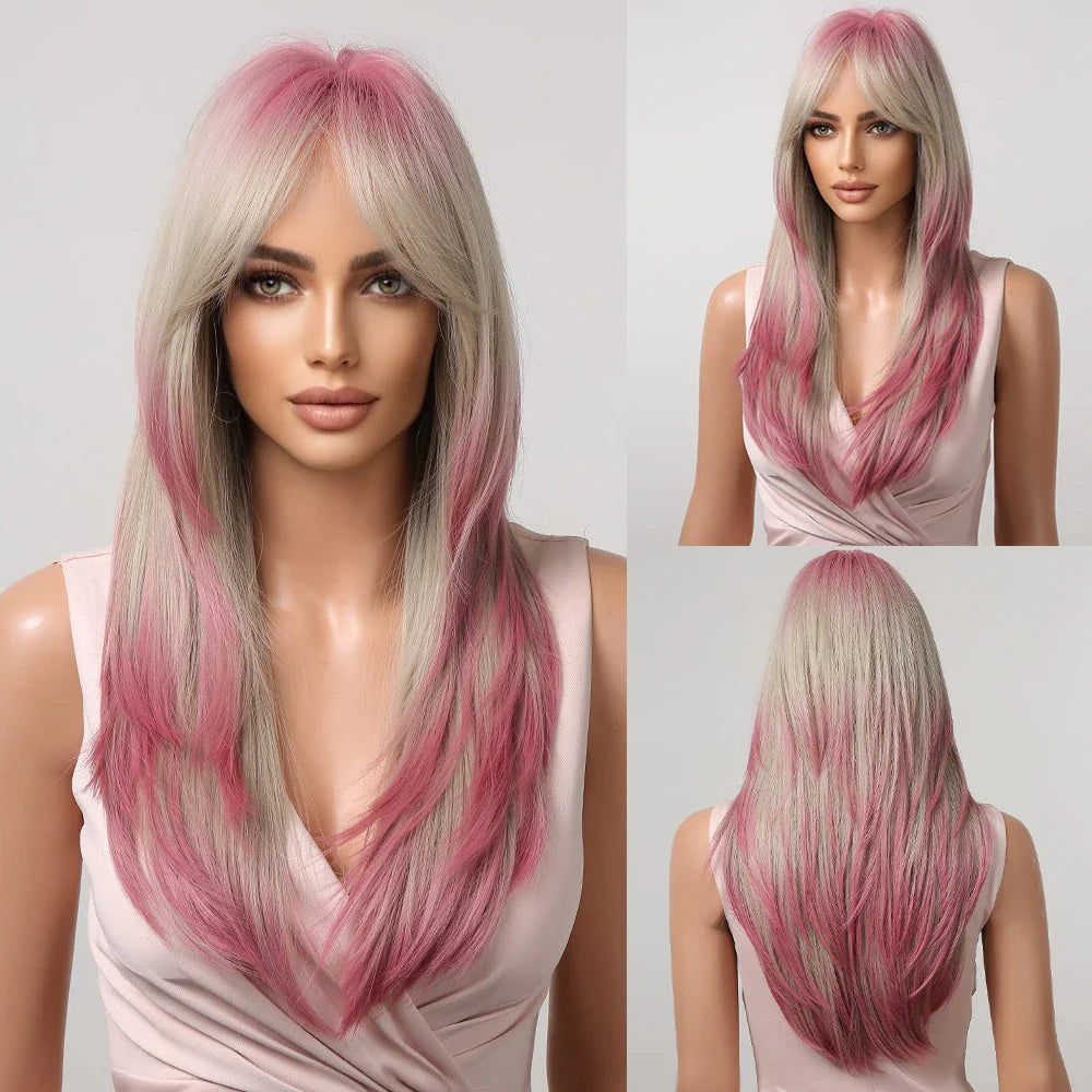 Synthetic Blonde Gray Long Straight Layered Wig
