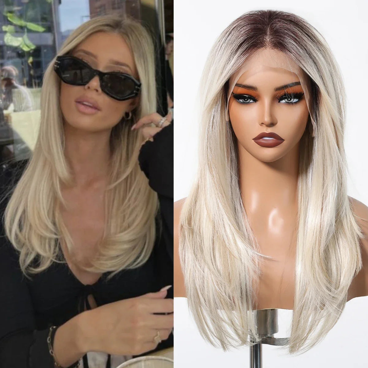 13*6 Lace Frontal Wig Synthetic Hair Blonde Mixed Brown Wig