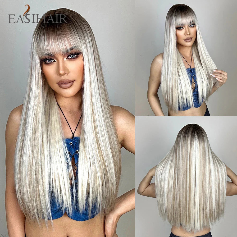 Blonde Golden Long Straight Synthetic Wigs