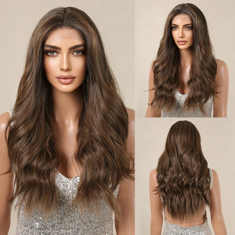 13*6 Lace Frontal Wig Synthetic Hair Blonde Mixed Brown Wig