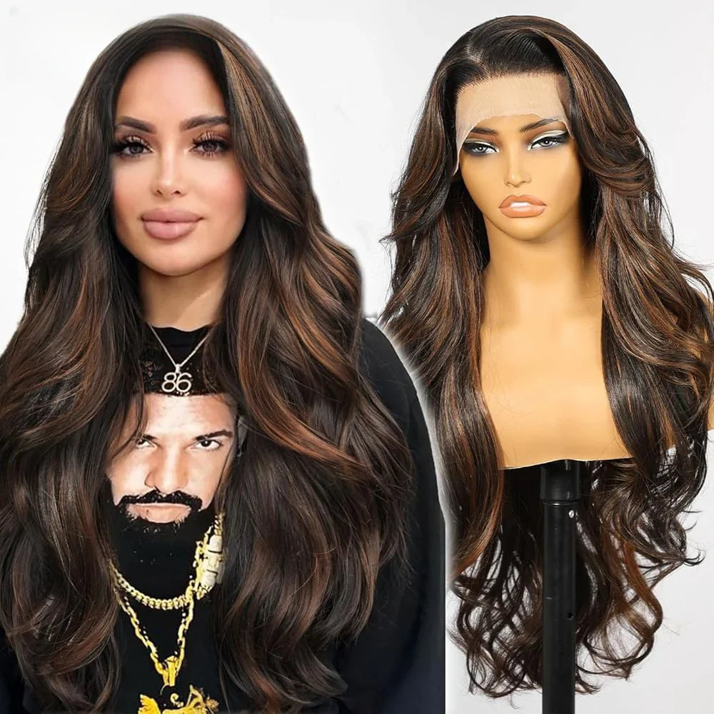 13*6 Lace Frontal Wig Synthetic Hair Blonde Mixed Brown Wig