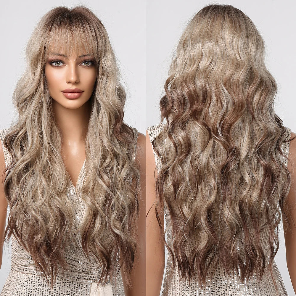 Red Brown Long Fluffy Wavy Synthetic Wigs