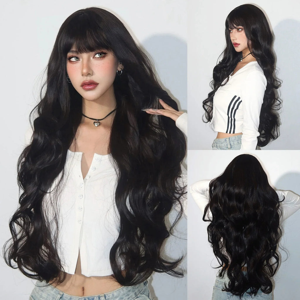 Red Brown Long Fluffy Wavy Synthetic Wigs