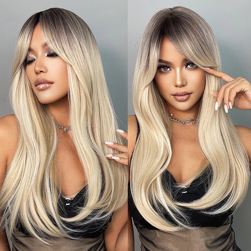 Light Blonde Golden Hair Long Silky Straight Synthetic Wig