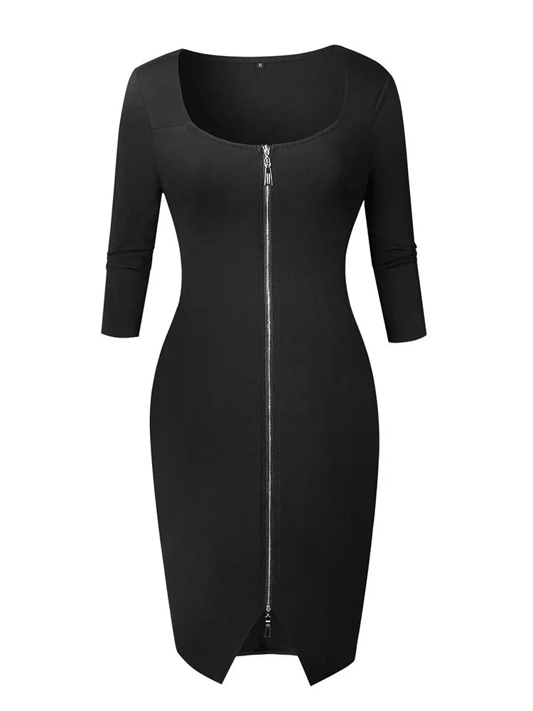 Long Zipper Girdling Waist Slim Bodycon Dress