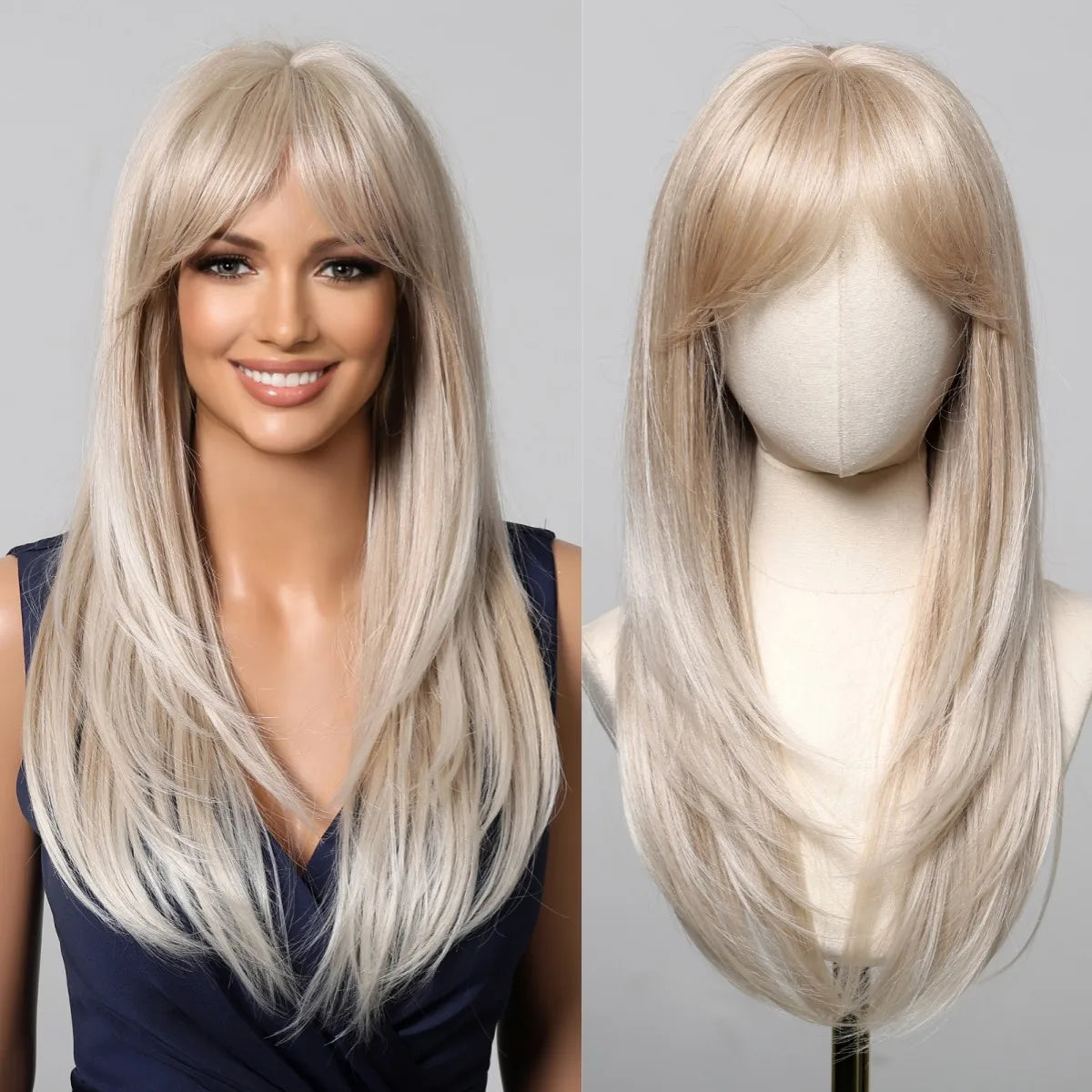 Synthetic Blonde Gray Long Straight Layered Wig