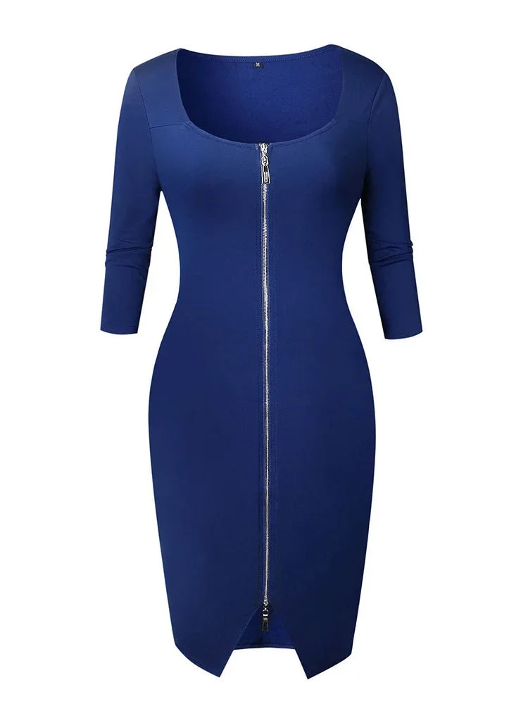 Long Zipper Girdling Waist Slim Bodycon Dress