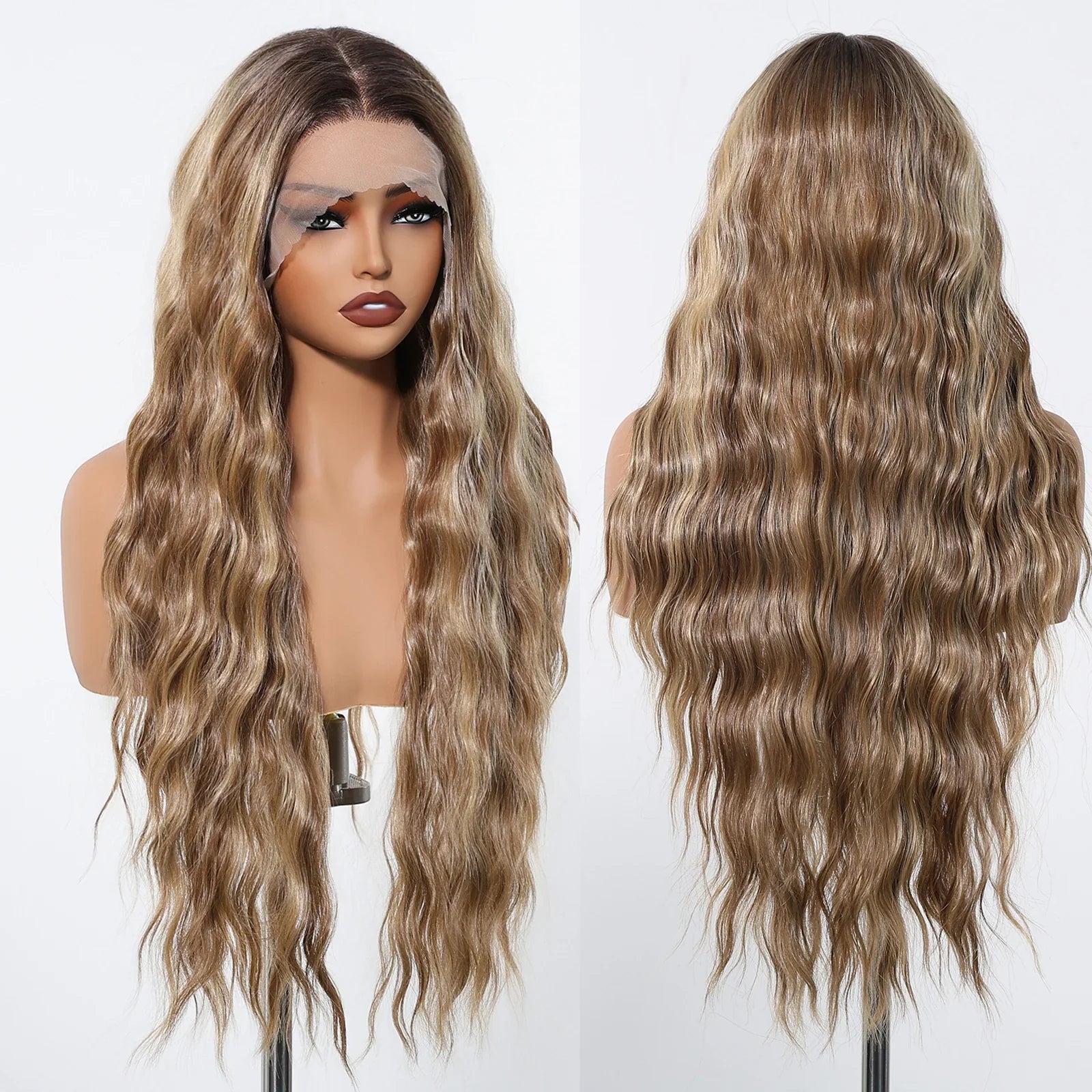 13*6 Lace Frontal Wig Synthetic Hair Blonde Mixed Brown Wig