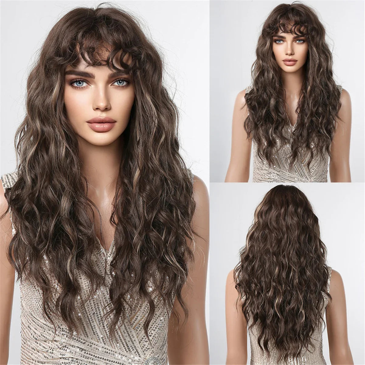 Red Brown Long Fluffy Wavy Synthetic Wigs