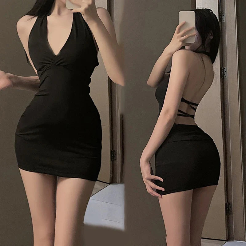 Halter Backless Slim V-neck Wrap Black Dress