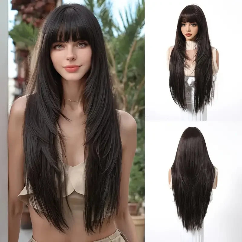 Straight Dark Brown Synthetic Wigs